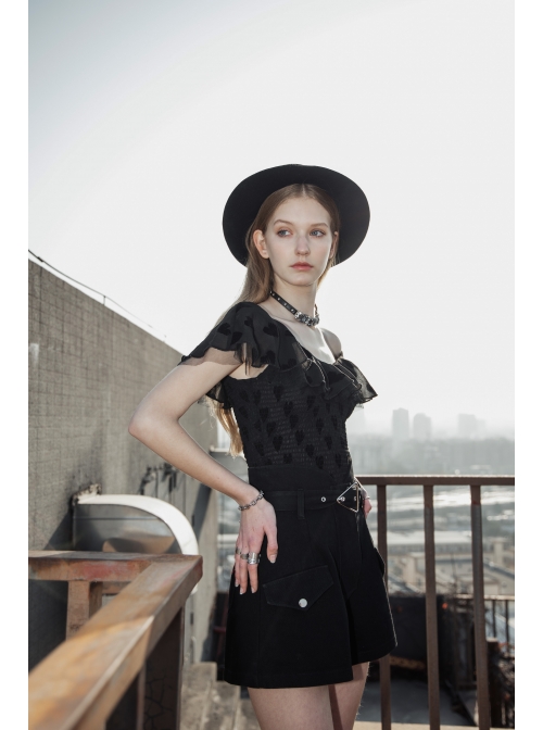 Front Chest Flounce Short Sleeve Black Gothic Heart-Shape Print Leather Halter Chiffon T-Shirt