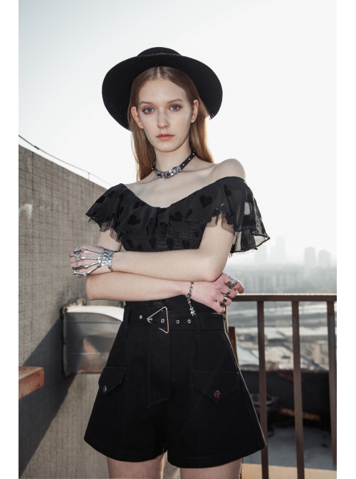 Front Chest Flounce Short Sleeve Black Gothic Heart-Shape Print Leather Halter Chiffon T-Shirt