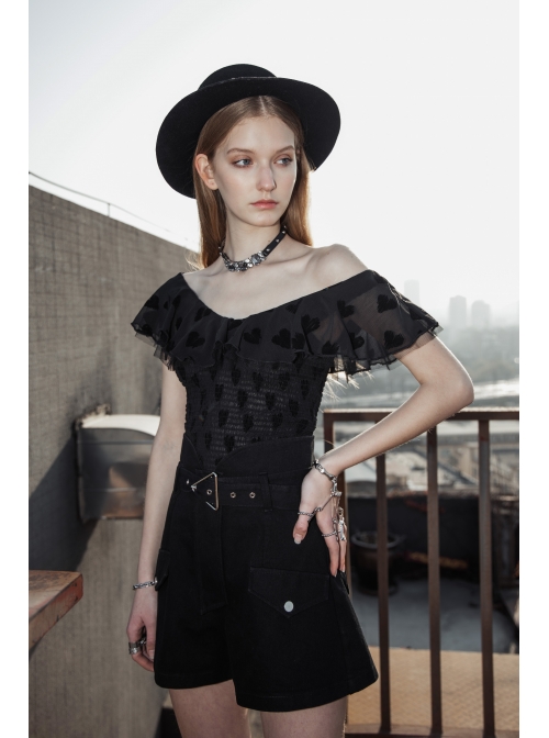 Front Chest Flounce Short Sleeve Black Gothic Heart-Shape Print Leather Halter Chiffon T-Shirt