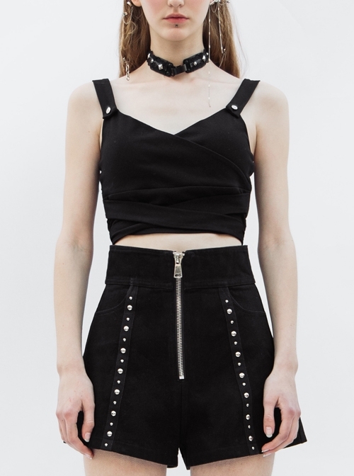 Black Punk Back Waist Bandage Short Vest