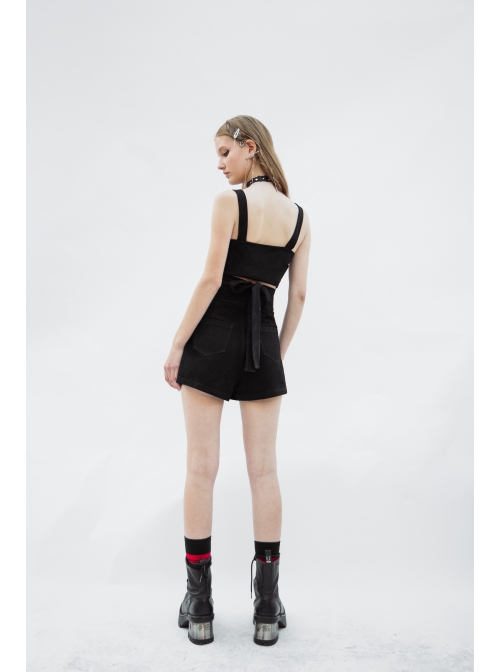 Black Punk Back Waist Bandage Short Vest