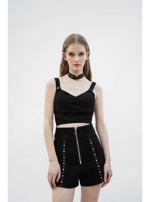 Black Punk Back Waist Bandage Short Vest
