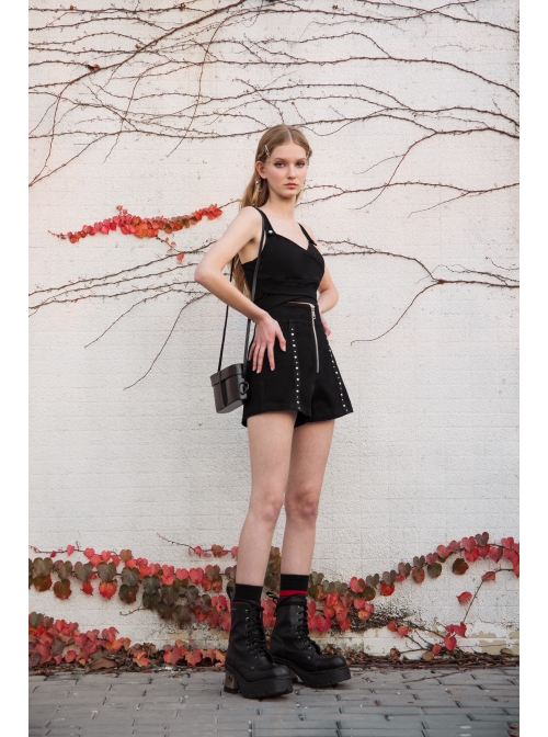 Black Punk Back Waist Bandage Short Vest