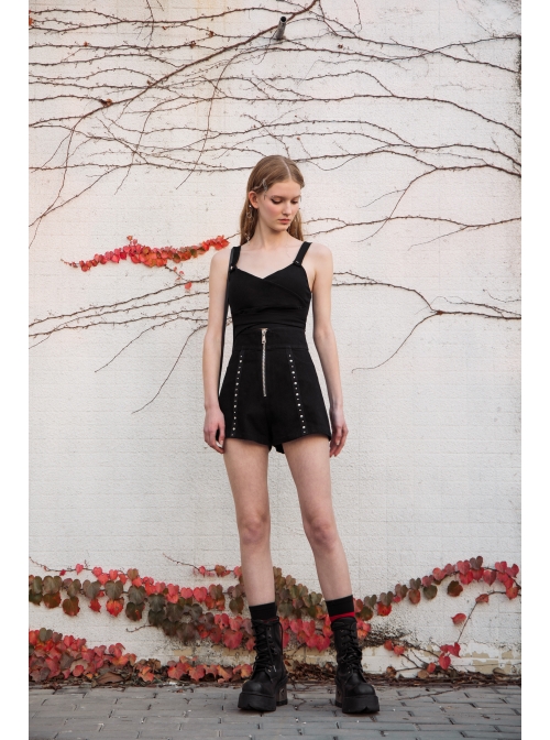 Black Punk Back Waist Bandage Short Vest