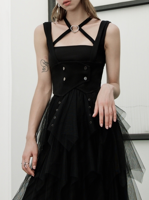 Black Punk Back Waist Bandage Short Vest