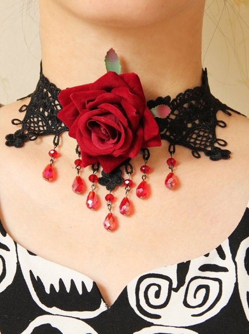 Gothic Fashion Red Rose Flower Black Lace Crystal Retro Short Necklace