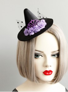 Halloween Female Gothic Retro Masquerade Party Black Mesh Purple Flowers Wizard Hat