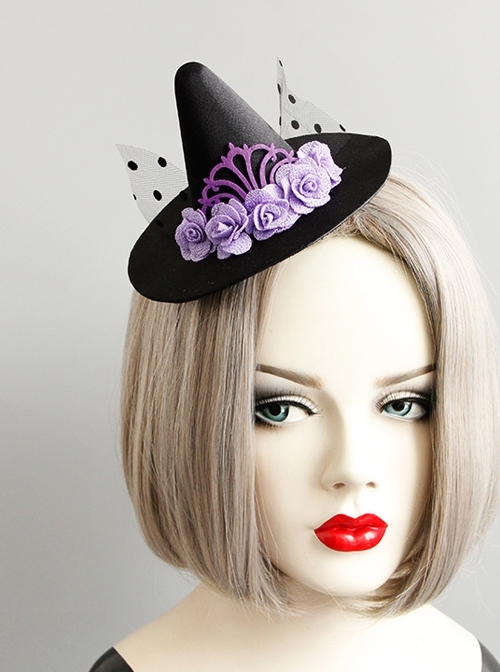 Halloween Female Gothic Retro Masquerade Party Black Mesh Purple Flowers Wizard Hat