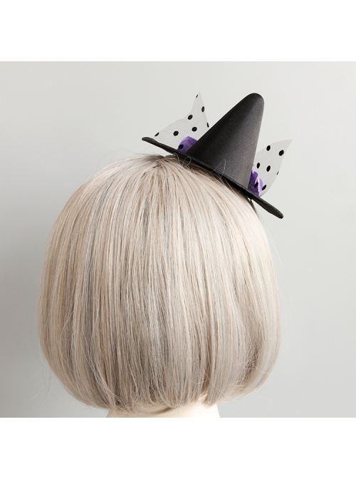 Halloween Female Gothic Retro Masquerade Party Black Mesh Purple Flowers Wizard Hat