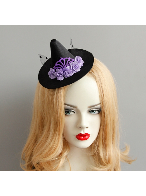 Halloween Female Gothic Retro Masquerade Party Black Mesh Purple Flowers Wizard Hat