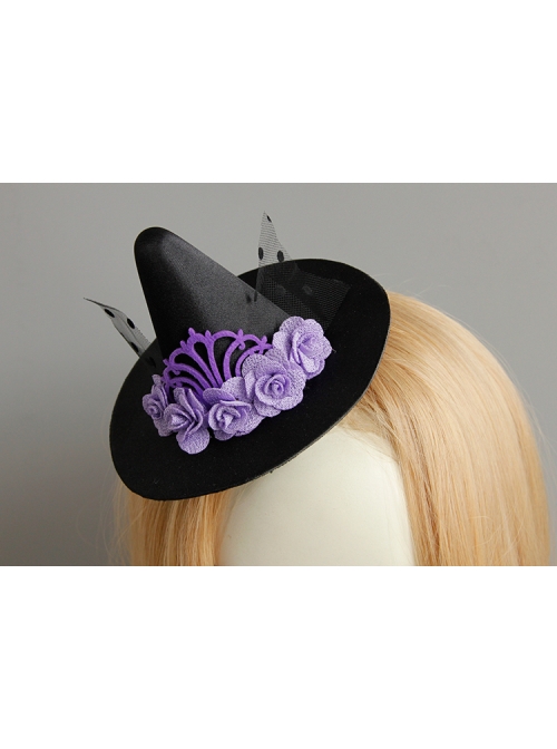 Halloween Female Gothic Retro Masquerade Party Black Mesh Purple Flowers Wizard Hat