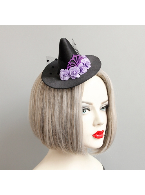 Halloween Female Gothic Retro Masquerade Party Black Mesh Purple Flowers Wizard Hat