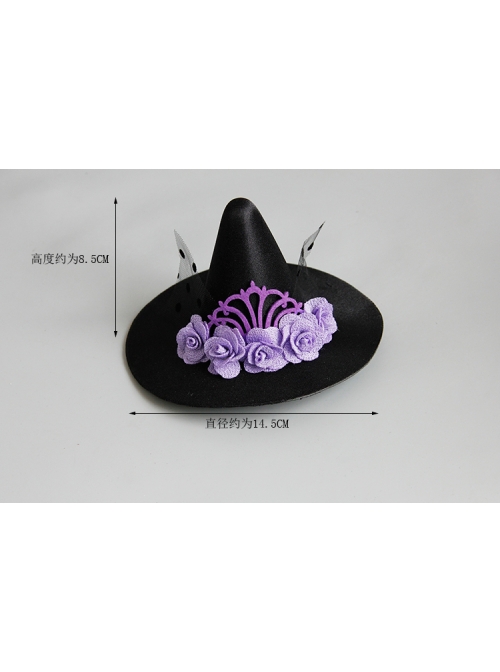 Halloween Female Gothic Retro Masquerade Party Black Mesh Purple Flowers Wizard Hat