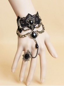 Gothic Baroque Palace Retro Gemstone Pearl Black Lace Bracelet With Ring One Chain