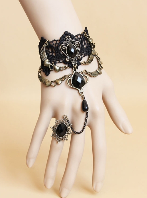 Gothic Baroque Palace Retro Gemstone Pearl Black Lace Bracelet With Ring One Chain