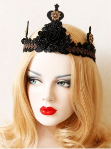 Gothic Black Retro Ribbon Rose Flower Lace Queen Halloween Prom Big Crown Headband