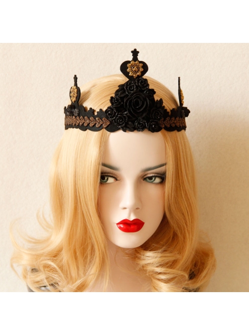 Gothic Black Retro Ribbon Rose Flower Lace Queen Halloween Prom Big Crown Headband