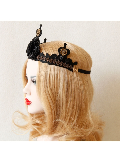 Gothic Black Retro Ribbon Rose Flower Lace Queen Halloween Prom Big Crown Headband