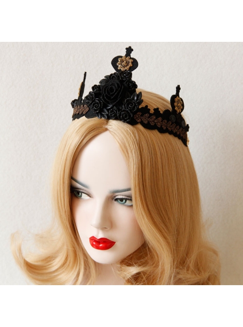 Gothic Black Retro Ribbon Rose Flower Lace Queen Halloween Prom Big Crown Headband