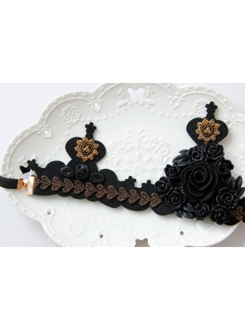 Gothic Black Retro Ribbon Rose Flower Lace Queen Halloween Prom Big Crown Headband
