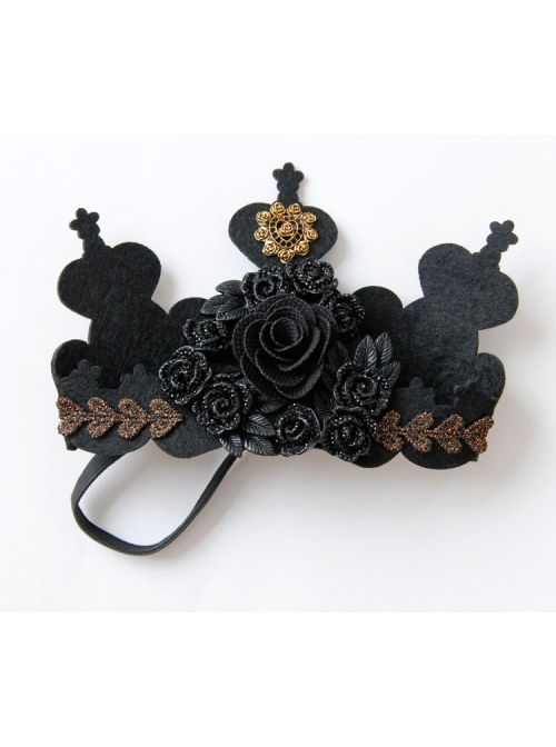 Gothic Black Retro Ribbon Rose Flower Lace Queen Halloween Prom Big Crown Headband