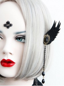 Gothic Black Tassel Wings Long Felt Cloth Crystal Chain Ear Bone Clip Earrings Hanging Buckle No Pierced Jewelry