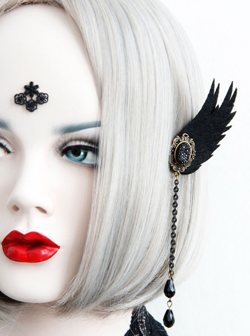 Gothic Black Tassel Wings Long Felt Cloth Crystal Chain Ear Bone Clip Earrings Hanging Buckle No Pierced Jewelry