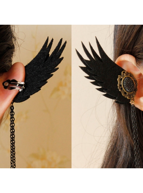 Gothic Black Tassel Wings Long Felt Cloth Crystal Chain Ear Bone Clip Earrings Hanging Buckle No Pierced Jewelry