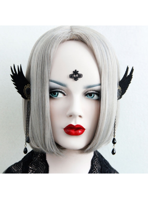 Gothic Black Tassel Wings Long Felt Cloth Crystal Chain Ear Bone Clip Earrings Hanging Buckle No Pierced Jewelry