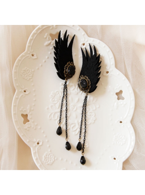 Gothic Black Tassel Wings Long Felt Cloth Crystal Chain Ear Bone Clip Earrings Hanging Buckle No Pierced Jewelry