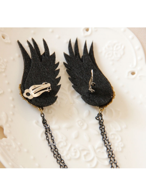 Gothic Black Tassel Wings Long Felt Cloth Crystal Chain Ear Bone Clip Earrings Hanging Buckle No Pierced Jewelry