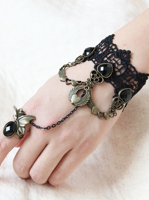 Punk Black Gems Love Heart Wings Heart Lock Wish Lace Retro Palace Female Bracelet Ring One Chain