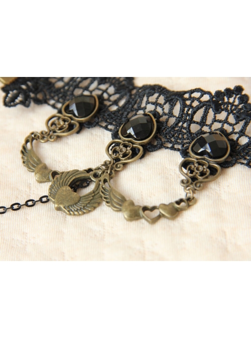 Punk Black Gems Love Heart Wings Heart Lock Wish Lace Retro Palace Female Bracelet Ring One Chain