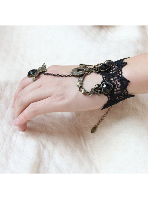 Punk Black Gems Love Heart Wings Heart Lock Wish Lace Retro Palace Female Bracelet Ring One Chain