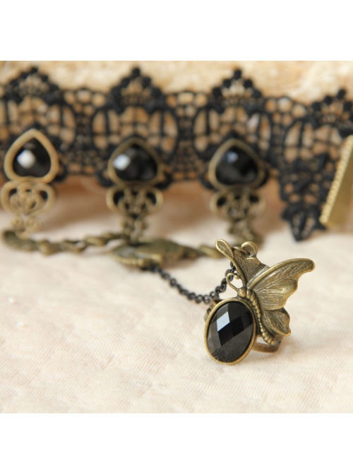 Punk Black Gems Love Heart Wings Heart Lock Wish Lace Retro Palace Female Bracelet Ring One Chain