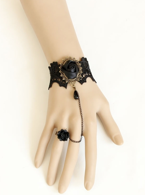 Black Gothic Lace Ribbon Rose Flower Bracelet With Ring Set Vampire Accessories