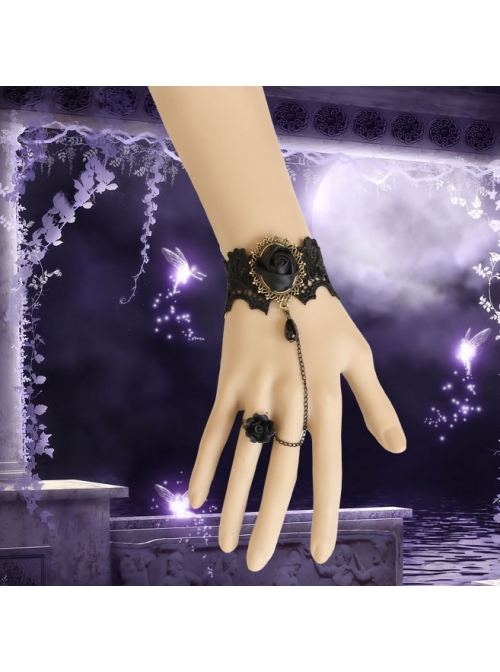 Black Gothic Lace Ribbon Rose Flower Bracelet With Ring Set Vampire Accessories