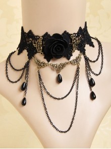 Gothic Retro Black Iron Chain Pearl Flowers Choker Vampire Prom Accessory Accessories