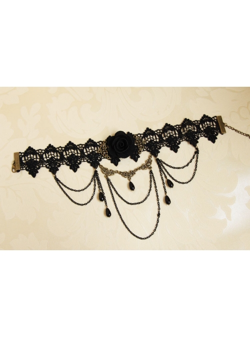 Gothic Retro Black Iron Chain Pearl Flowers Choker Vampire Prom Accessory Accessories