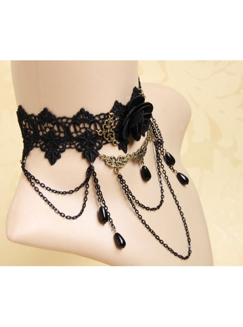 Gothic Retro Black Iron Chain Pearl Flowers Choker Vampire Prom Accessory Accessories