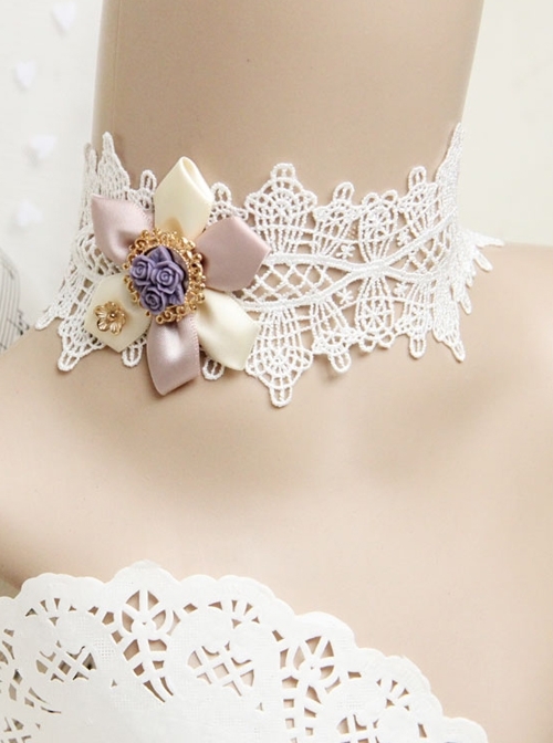 Baroque Handmade Retro Ribbon Flower White Lace Female Exaggerated Palace Choker