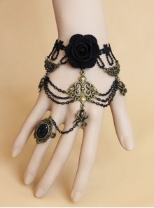 Retro Rose Flower Spider Black Lace Gemstone Punk Female Bracelet With Ring One Chain
