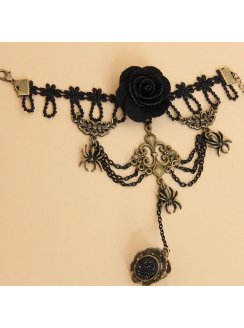 Retro Rose Flower Spider Black Lace Gemstone Punk Female Bracelet With Ring One Chain