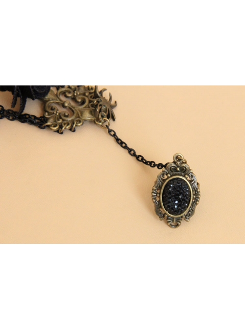 Retro Rose Flower Spider Black Lace Gemstone Punk Female Bracelet With Ring One Chain