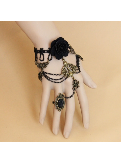 Retro Rose Flower Spider Black Lace Gemstone Punk Female Bracelet With Ring One Chain