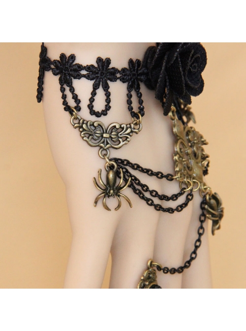 Retro Rose Flower Spider Black Lace Gemstone Punk Female Bracelet With Ring One Chain
