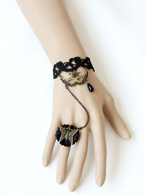Gothic Black Lace Butterfly Mask Rose Female Bracelet Ring One Chain