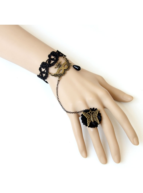 Gothic Black Lace Butterfly Mask Rose Female Bracelet Ring One Chain