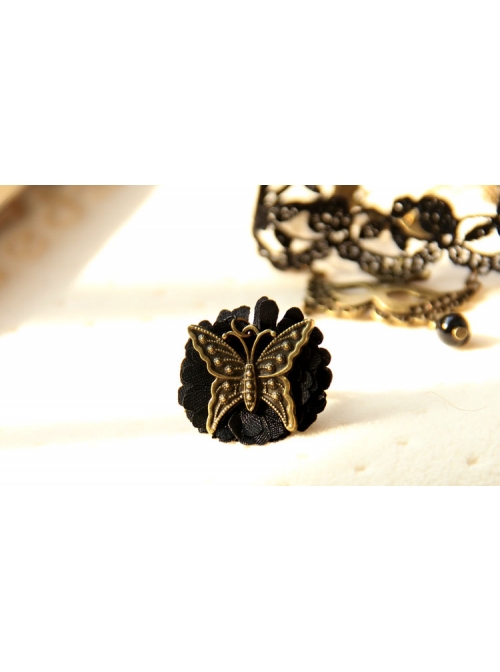 Gothic Black Lace Butterfly Mask Rose Female Bracelet Ring One Chain