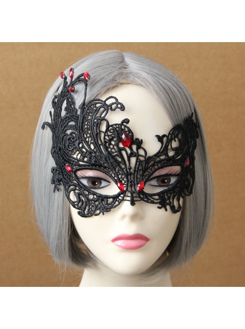 Gothic Grim Reaper Zombie Halloween Black Lace Butterfly Ruby Half Face Female Mask